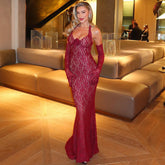 Halterneck with Suspenders Slim Fit Lace Mesh Dress Maxi Dress Evening Dress